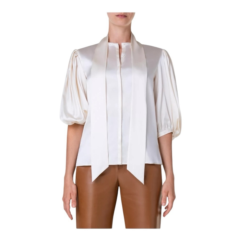 Akris Ecru Silk Puff Sleeve Blouse Size 10 NWT